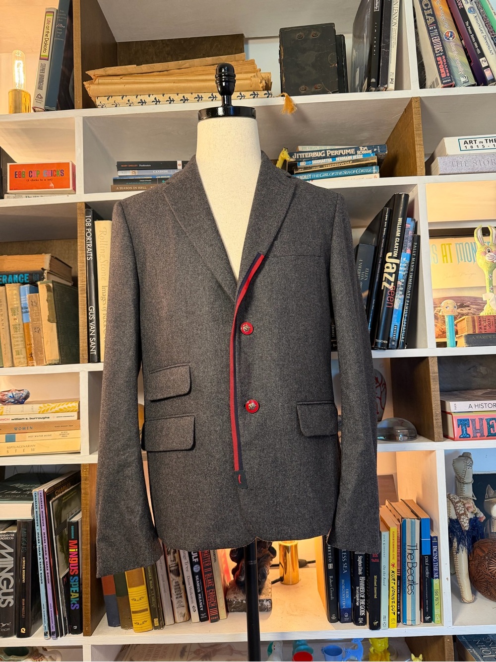 Gray Men's Wool Blazer with Red Trim
